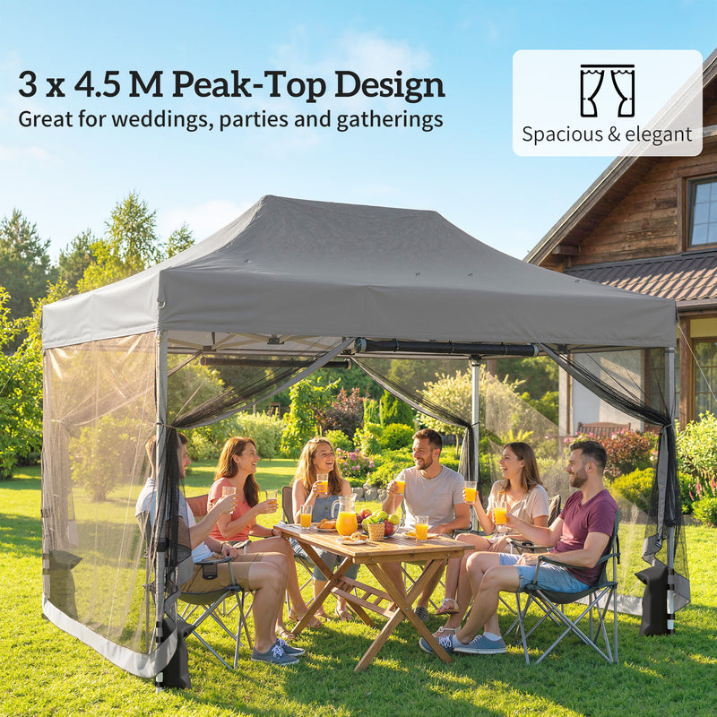 Pop Up Gazebo with Mesh Sides for Garden Shade and Insect Protection 3 x 4.5 m, Dark Grey Outsunny