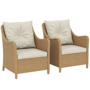 Set of 2 Rattan Garden Armchairs With Cushions and High Backs for Patio or Balcony, Beige