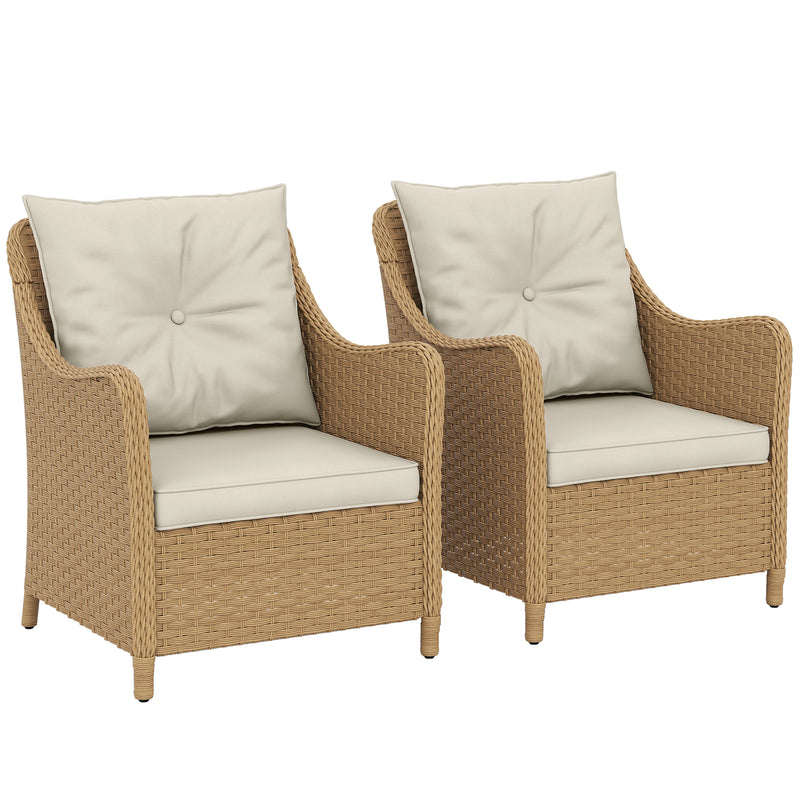 Set of 2 Rattan Garden Armchairs With Cushions and High Backs for Patio or Balcony, Beige