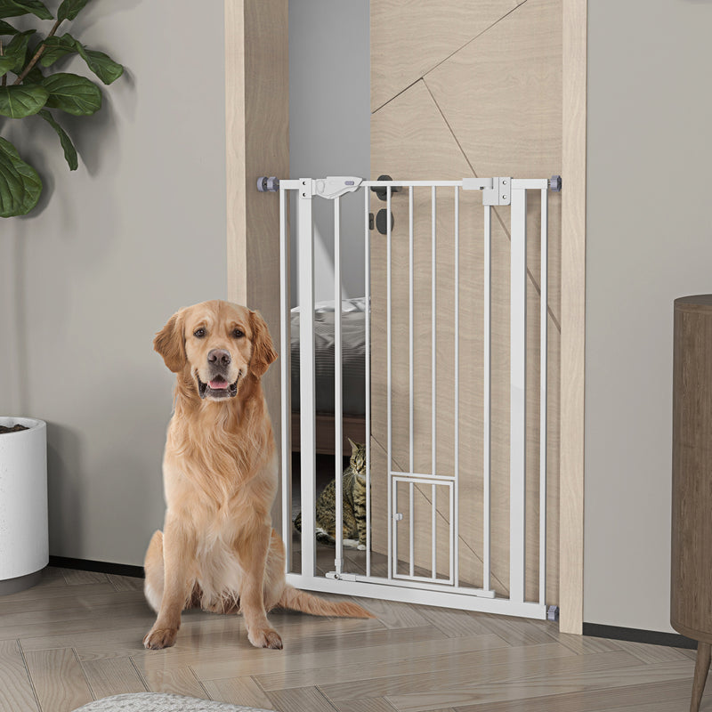 Extra Tall Indoor Dog Gate With Auto Close And Cat Flap Fits 74 To 80cm Wide White