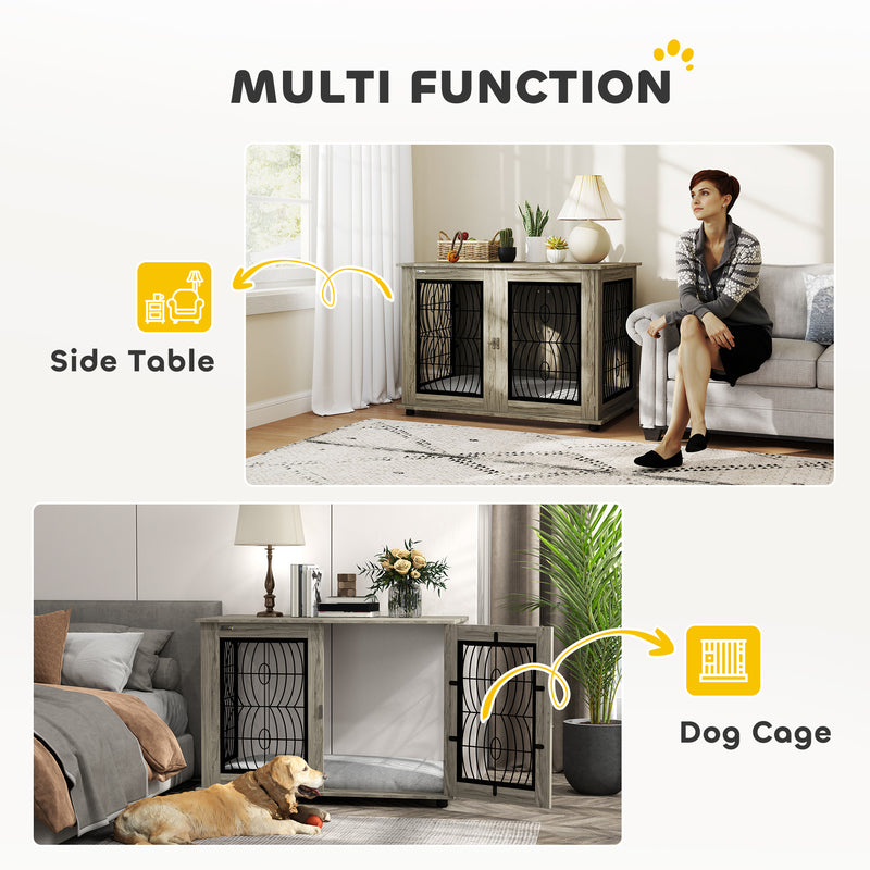 Extra Large Indoor Dog Crate Table With Cushion and Lockable Door For Home Use Grey