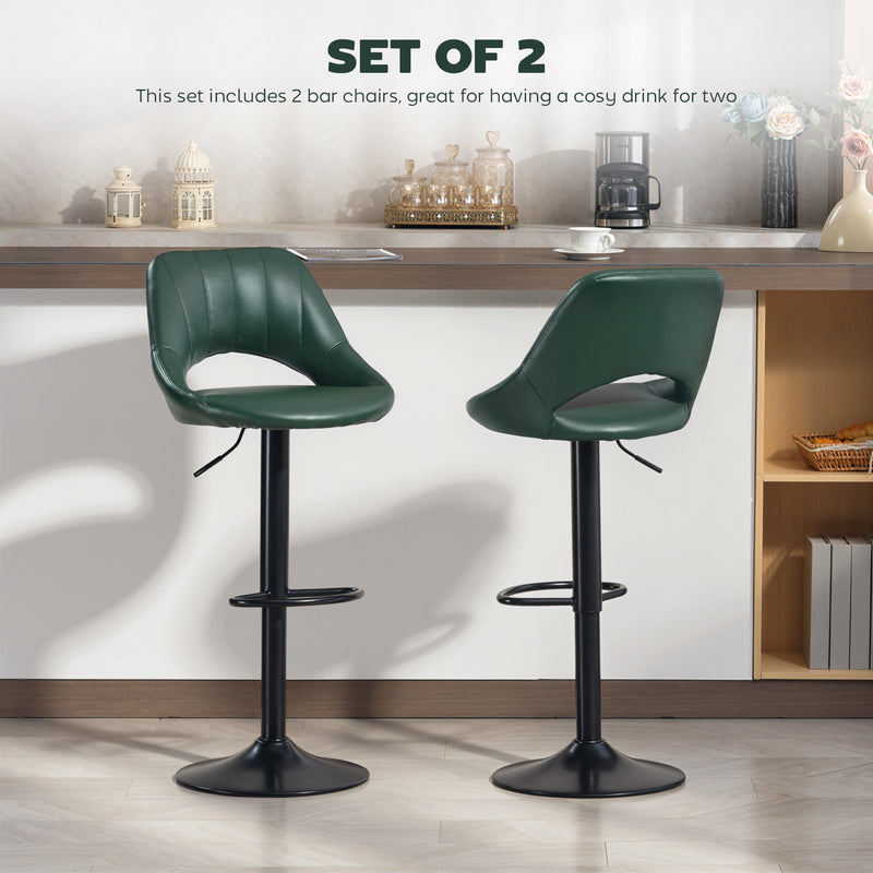 Set of 2 Adjustable Faux Leather Swivel Bar Stools with Footrest for Kitchen Island Dark Green