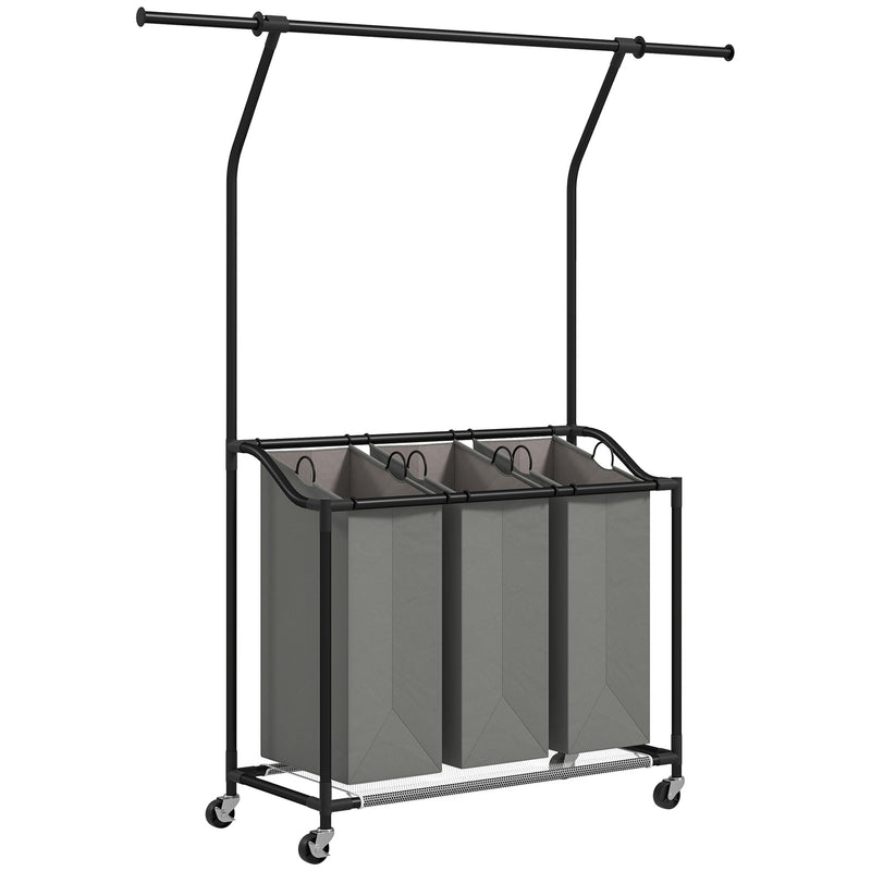 Dark Grey Rolling Laundry Sorter With Hanging Rail and 3-Bag Organiser by HOMCOM