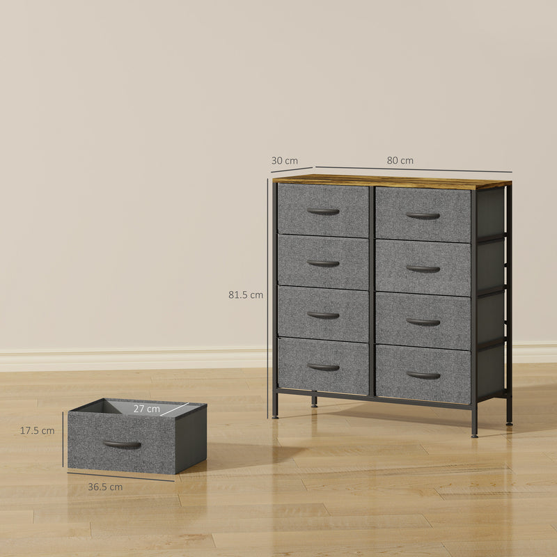 Industrial Chest of Drawers with 8 Fabric Storage Units and Wooden Top for Bedroom Rustic Brown and Grey