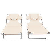 Set of 2 Foldable Sun Loungers with Reading Hole and Adjustable Backrest for Garden Beige AOSOM