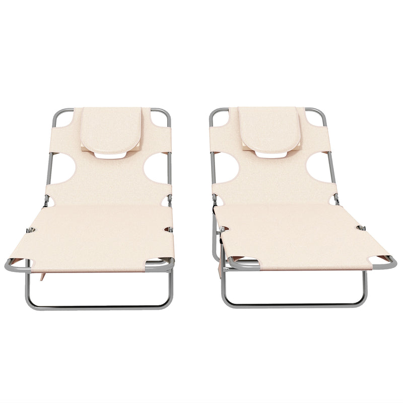 Set of 2 Foldable Sun Loungers with Reading Hole and Adjustable Backrest for Garden Beige AOSOM