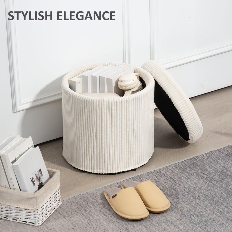 Beige 40cm Round Corduroy Storage Ottoman with Removable Lid and Legs for Living Room or Bedroom by HOMCOM