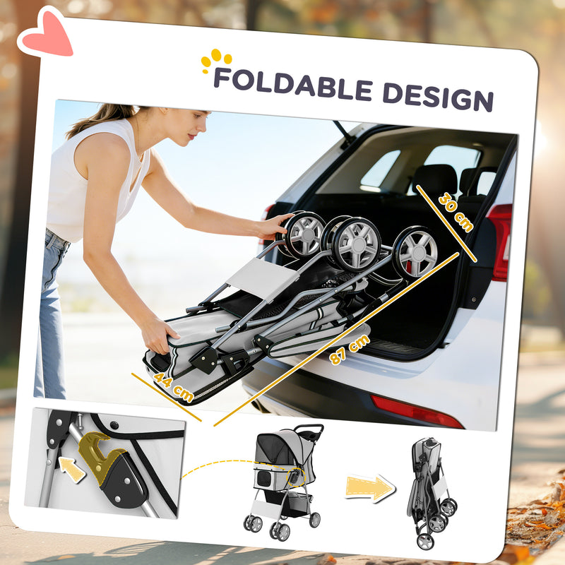 Pet Stroller for Small Dogs and Cats with Mesh Windows and Storage Basket Grey AOSOM