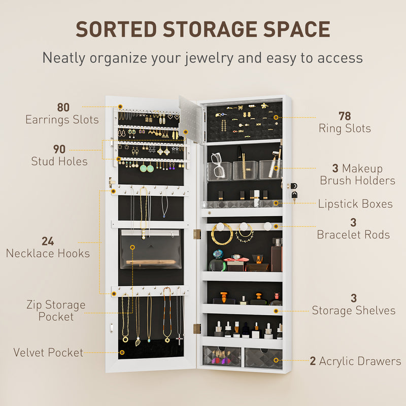 White Lockable Jewellery Cabinet with LED Lights and Black Lining 108 x 37cm by HOMCOM