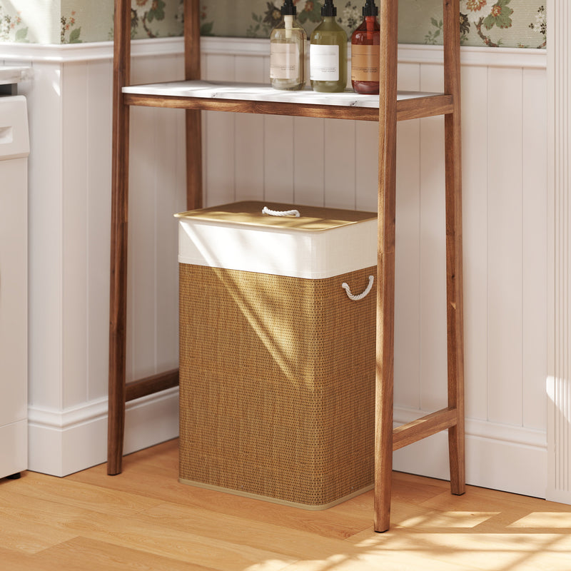 Brown Bamboo Laundry Basket with Lid and 72L Removable Liner for Bedroom or Bathroom