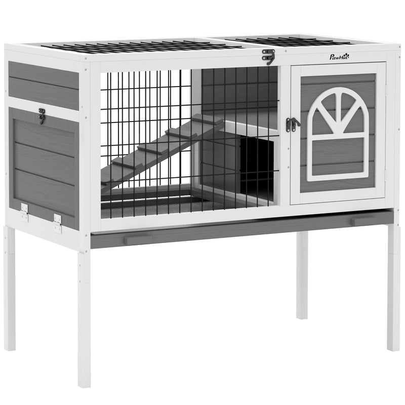 Grey Wooden Rabbit Hutch with Removable Tray and Openable Roof by PawHut