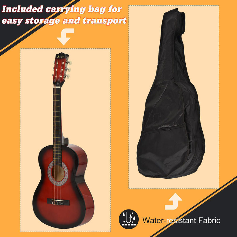 Three Quarter Acoustic Guitar Set For Beginners With Carry Case Ideal For Learning Red AOSOM