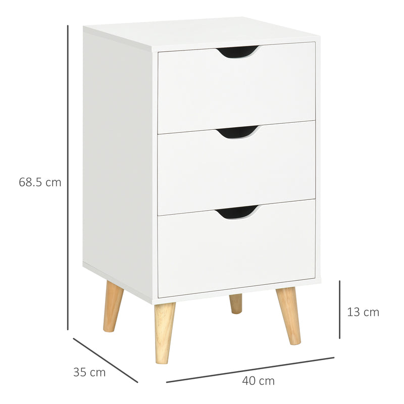 Bedside Table with 3 Drawers and Cut Out Handles for Bedroom Storage White