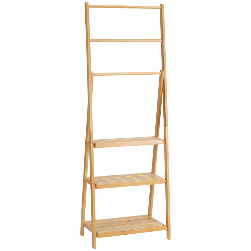 Freestanding Bamboo Towel Rack with Shelves Foldable Space Saver for Bathroom, Natural