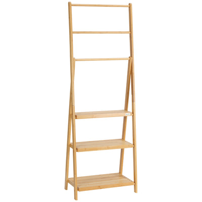 Freestanding Bamboo Towel Rack with Shelves Foldable Space Saver for Bathroom, Natural