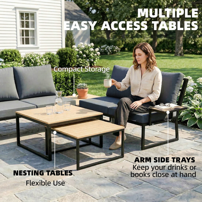 4-Piece Modular Garden Sofa Set with 12cm Back Cushions and Nesting Tables — Teak, Grey or Black