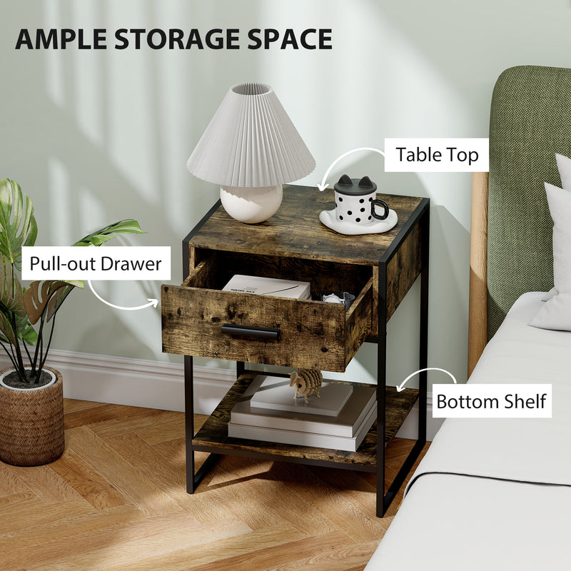 Modern Bedside Table with Storage Drawer for Bedroom or Lounge Rustic Brown