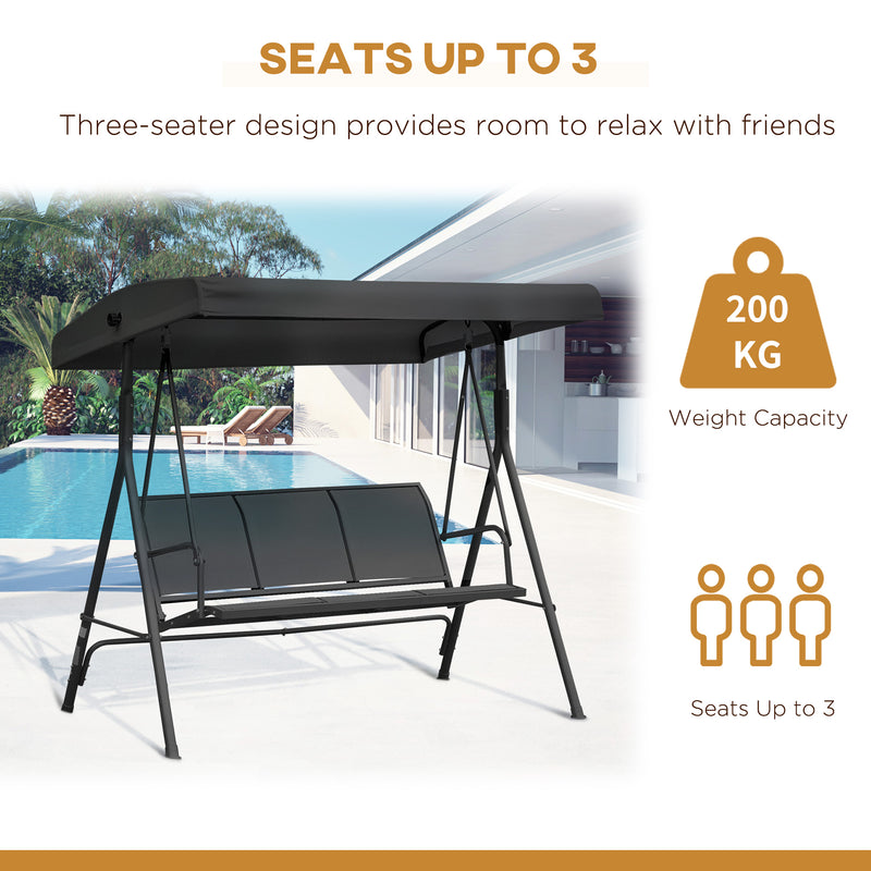 Black Three Seater Garden Swing Chair With Adjustable Canopy For Shaded Outdoor Comfort