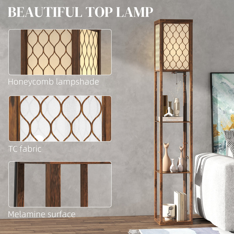 Standing Floor Lamp With Three Storage Shelves For Living Room Or Bedroom, Rustic Brown White AOSOM