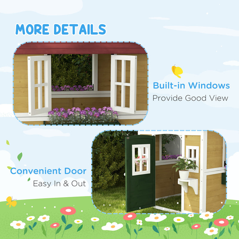 Wooden Kids Playhouse with Doors Windows and Planters for Ages 3-8 in Beige by Outsunny