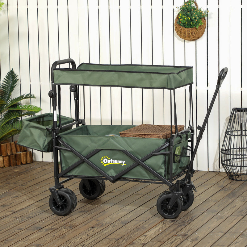 Green Folding Garden Trolley Cart With Canopy And Handle For Camping Or Beach Use