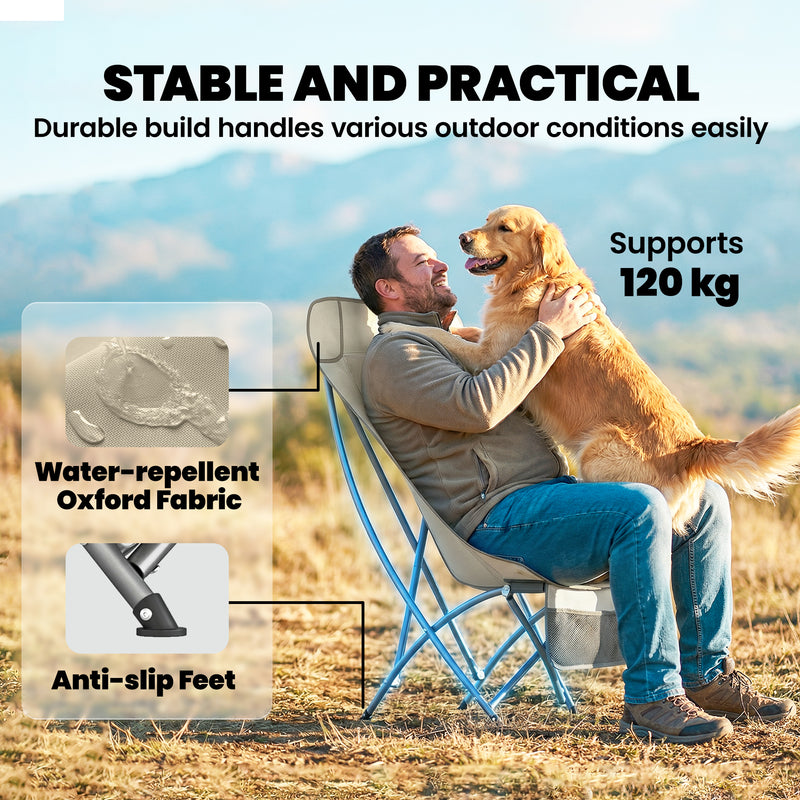Folding Camping Chair with Instant Setup and Side Pocket for Outdoor Comfort Khaki Grey
