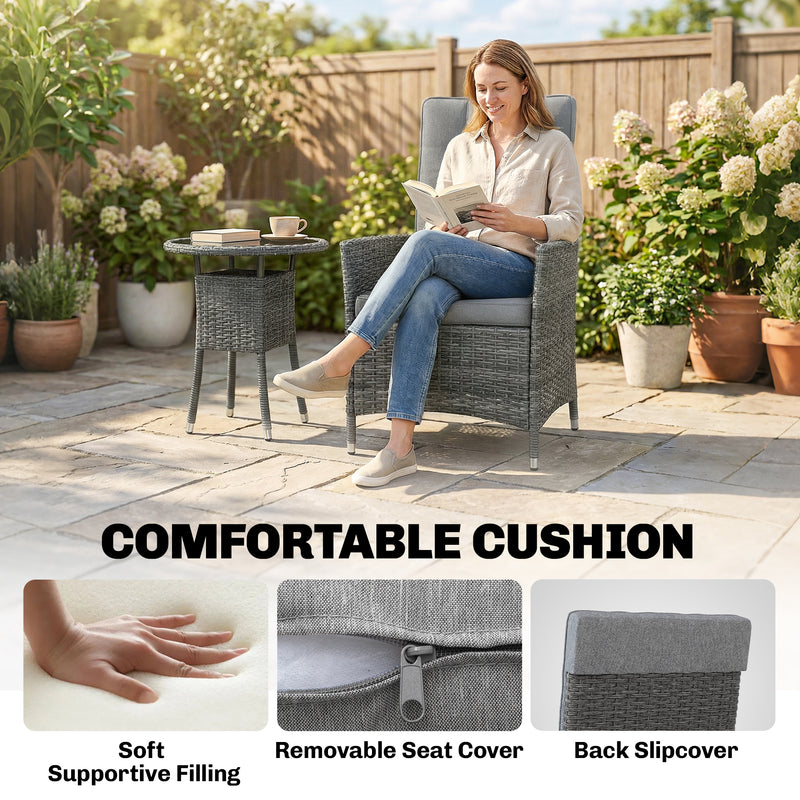 Grey Rattan Bistro Set With Reclining Chairs Table and Cushions for Small Gardens or Balconies