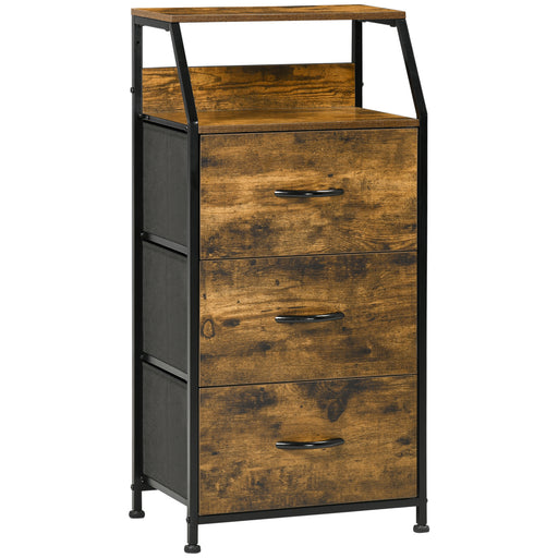 Industrial Storage Cabinet With 3 Fabric Drawers And Open Shelves For Living Room, Rustic Brown