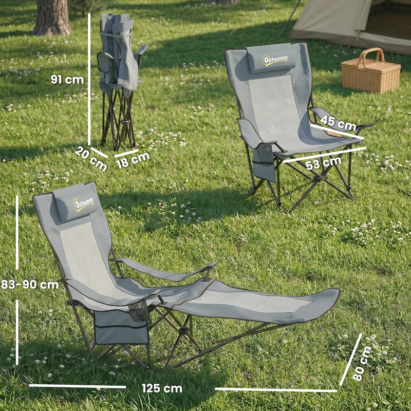 Set of 2 Reclining Camping Chairs for Shared Outdoor Comfort with Cup Holders Grey Black