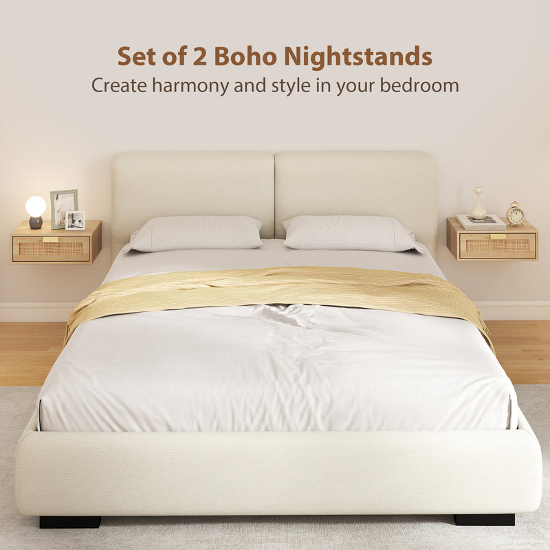 Floating Bedside Tables Set of 2 for Clutter Free Bedroom with Rattan Drawer Oak AOSOM