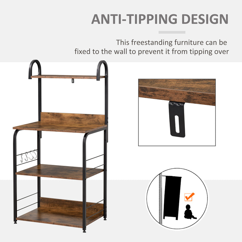 Kitchen Shelf Unit with 4 Shelves and Side Hooks for Compact Storage Rustic Brown