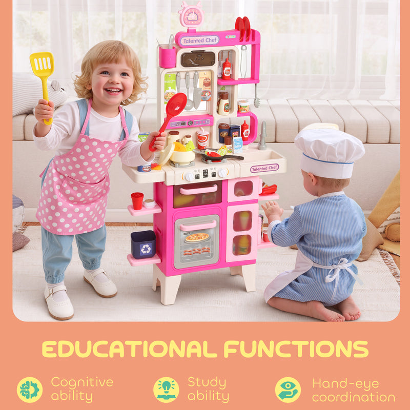 Kids Play Kitchen Set with 104 Accessories Realistic Lights and Sounds for Role Play Pink