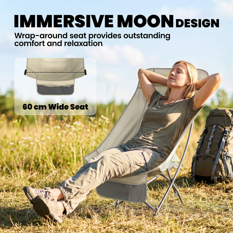 Folding Camping Chair with Instant Setup and Side Pocket for Outdoor Comfort Khaki Grey