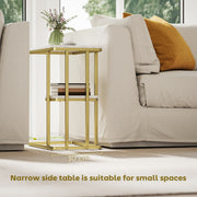 Slim C Shaped Side Table with 2 Tiers for Small Spaces Living Room or Bedroom White Marble Grain