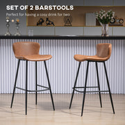 Set of 2 PU Leather Bar Stools with Backrest and Steel Legs for Kitchen Dining, Brown