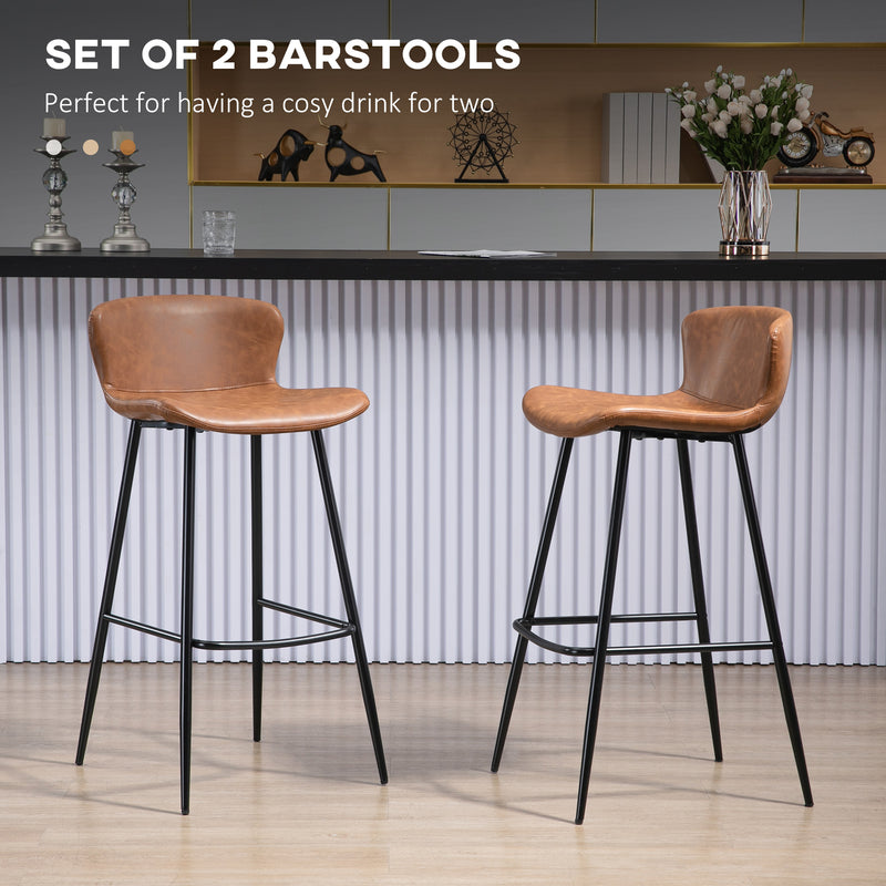 Set of 2 PU Leather Bar Stools with Backrest and Steel Legs for Kitchen Dining, Brown