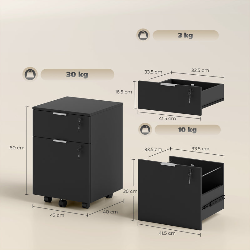 Lockable Two Drawer Filing Cabinet With Smooth Gliding Drawers For Office Use Black AOSOM