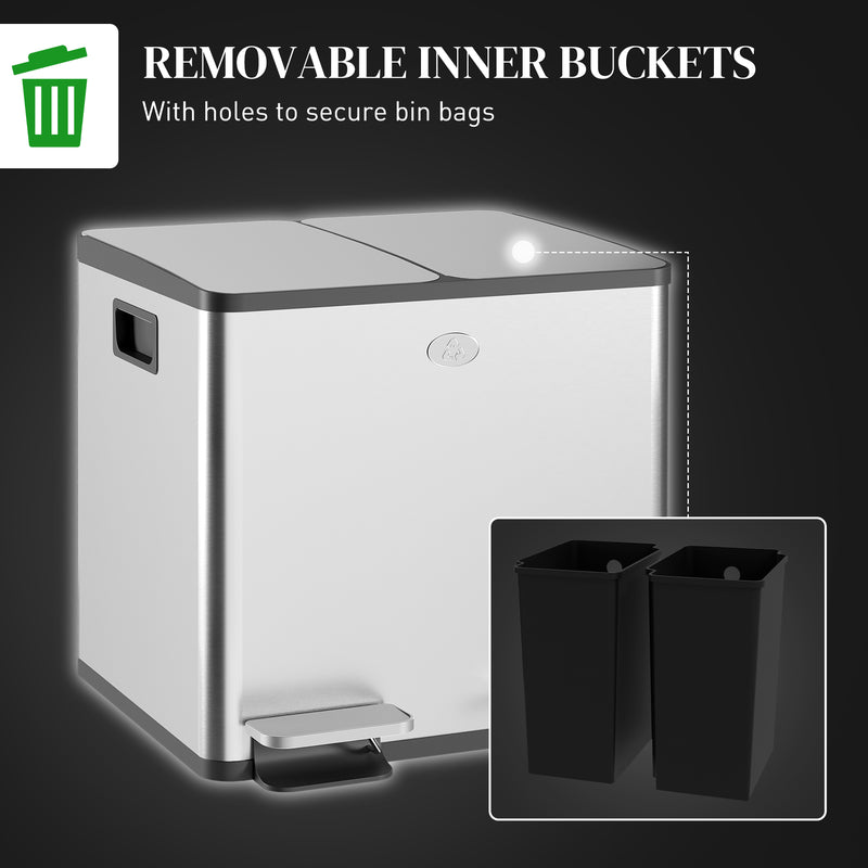 30L Dual Compartment Kitchen Recycling Bin with Deodoriser Holders Stainless Steel Silver