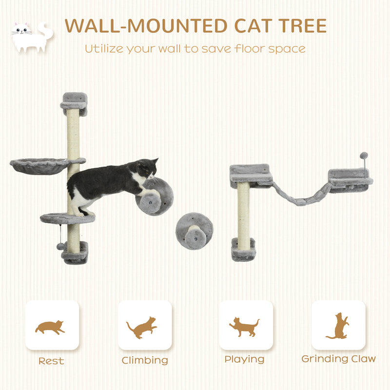 Four Piece Cat Wall Furniture Set With Hammock Ladder and Scratch Post Grey