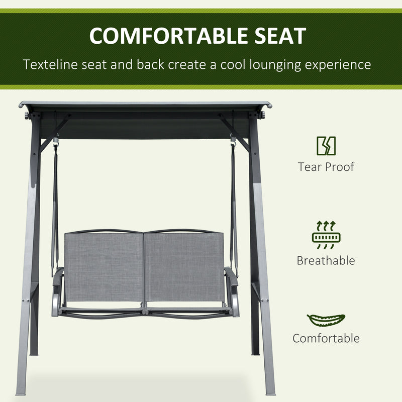 2 Seater Garden Swing Chair With Adjustable Canopy Shade And Metal Frame Dark Grey
