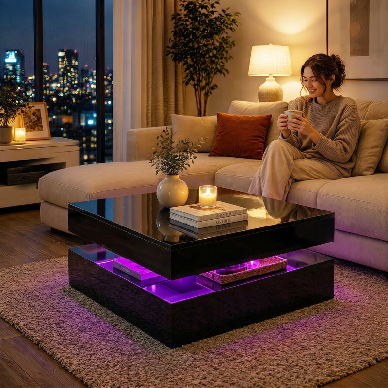 Coffee Table with LED Lighting and Open Storage Shelf for Tidy Living Room High Gloss Black