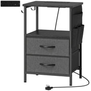 Bedside Table with USB Charging Station 2 Drawers & Storage Shelf for Bedroom or Living Room, Black
