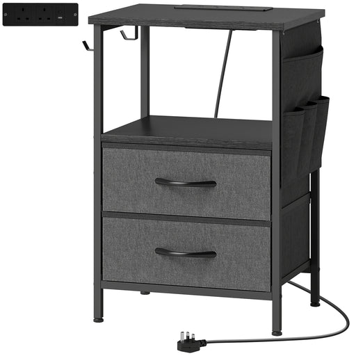Bedside Table with USB Charging Station 2 Drawers & Storage Shelf for Bedroom or Living Room, Black
