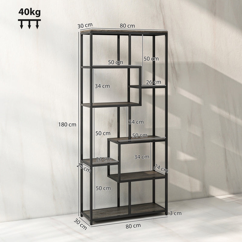 Tall 7 Tier Shelving Unit for Organised Book and Ornament Storage Grey Black