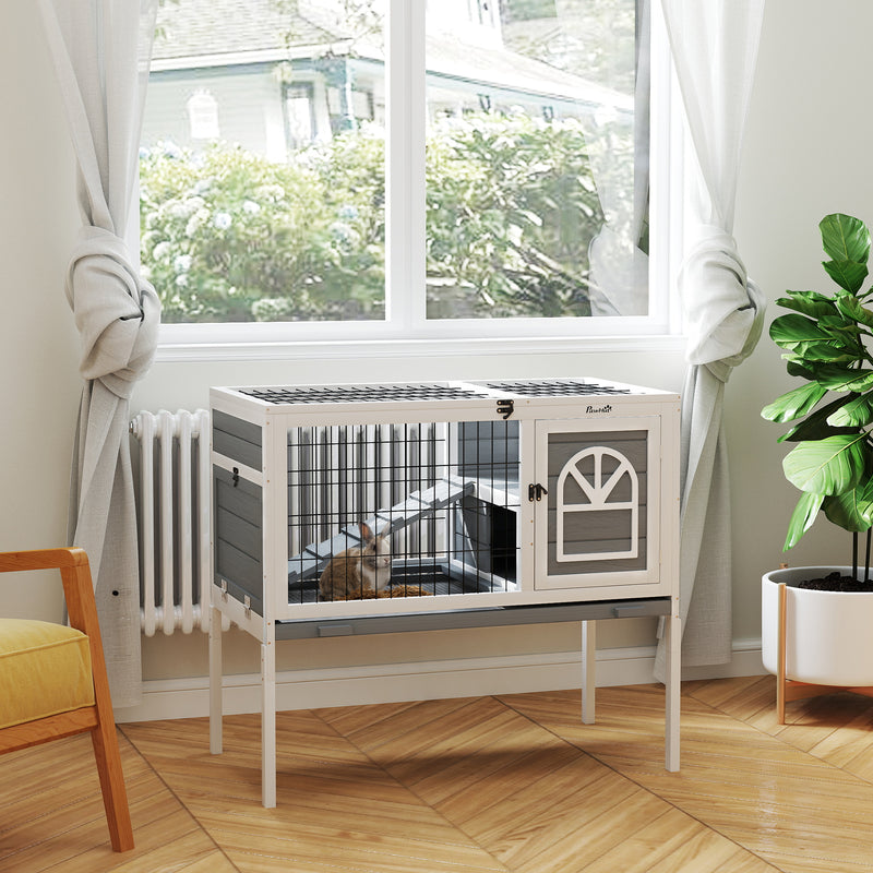 Grey Wooden Rabbit Hutch with Removable Tray and Openable Roof by PawHut