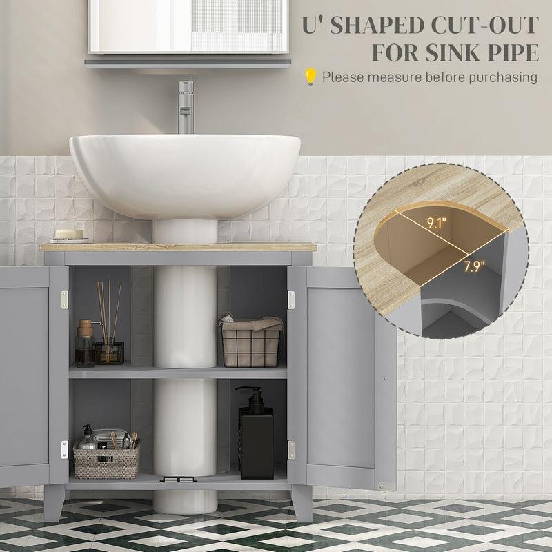 Grey Under Sink Bathroom Cabinet with Adjustable Shelf and Double Doors Freestanding Design