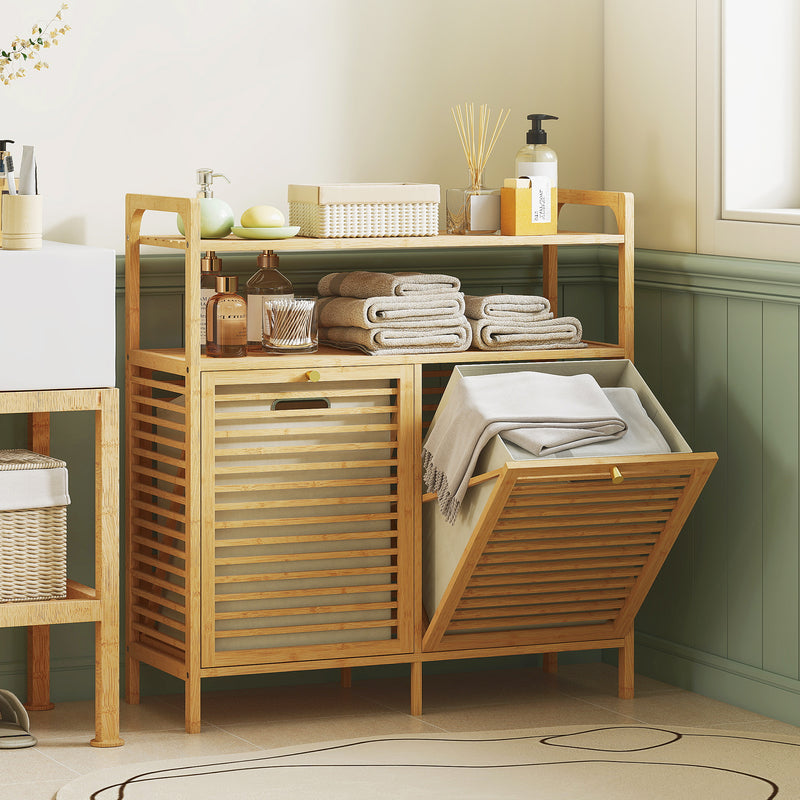 Bathroom Laundry Cabinet with Two Removable Sorting Baskets and Shelves Natural Cream AOSOM
