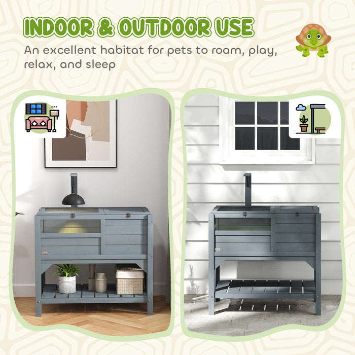 Grey Wooden Tortoise House with Shelter Run Shelf Lamp Holder and Tray by PawHut