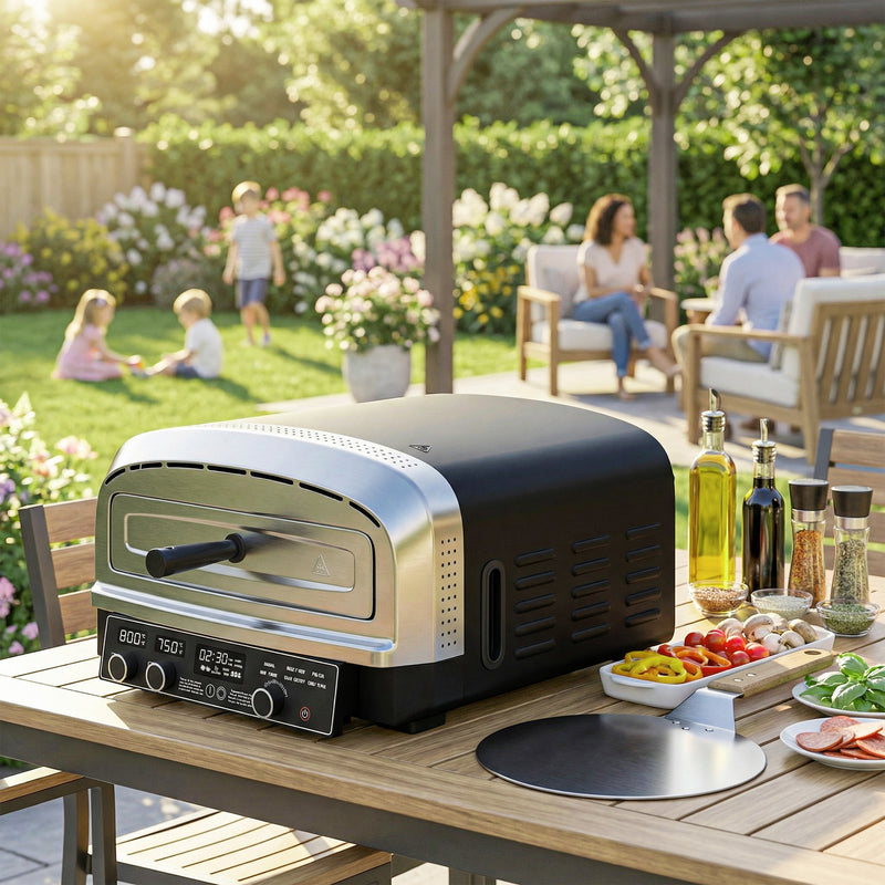 Electric Outdoor Pizza Oven for Evenly Cooked Homemade Pizzas with Adjustable Heat, Black