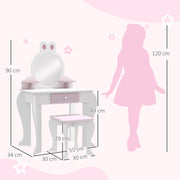 Kids Dressing Table with Mirror and Stool Ideal for Bedroom or Playroom, White and Pink
